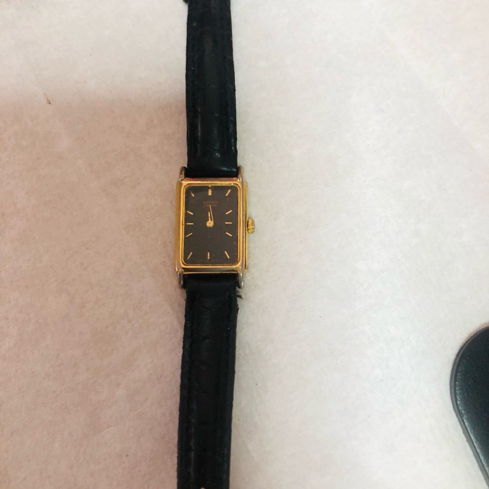 Citizen Gold-Tone Rectangular Watch with Black Dial and Black Leather Strap